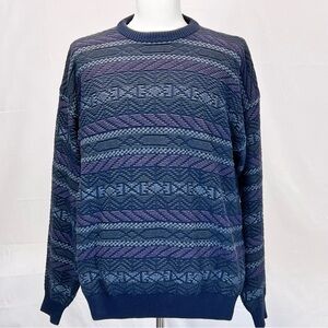 VINTAGE 90s Claiborne knot‎ sweater men’s 100% cotton textured stripes geometric